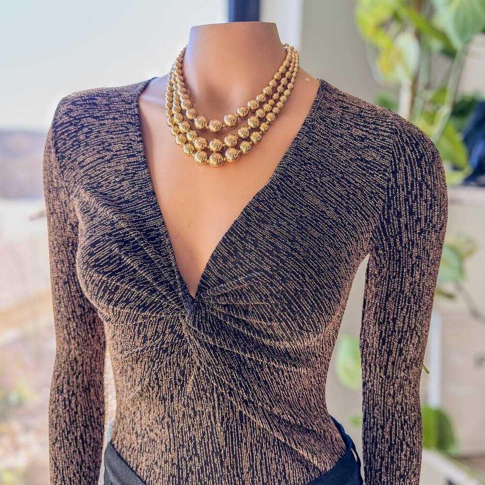 NWT Miami of Francescas Metallic Twist Front Stretch Long Sleeve Body Suit-Small